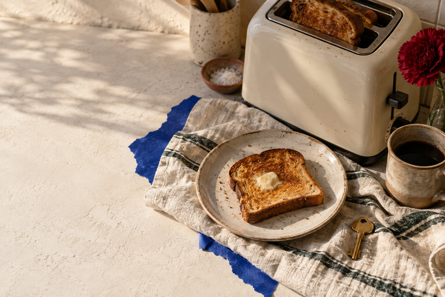A toaster and buttered toast on a sunny plaster counter
